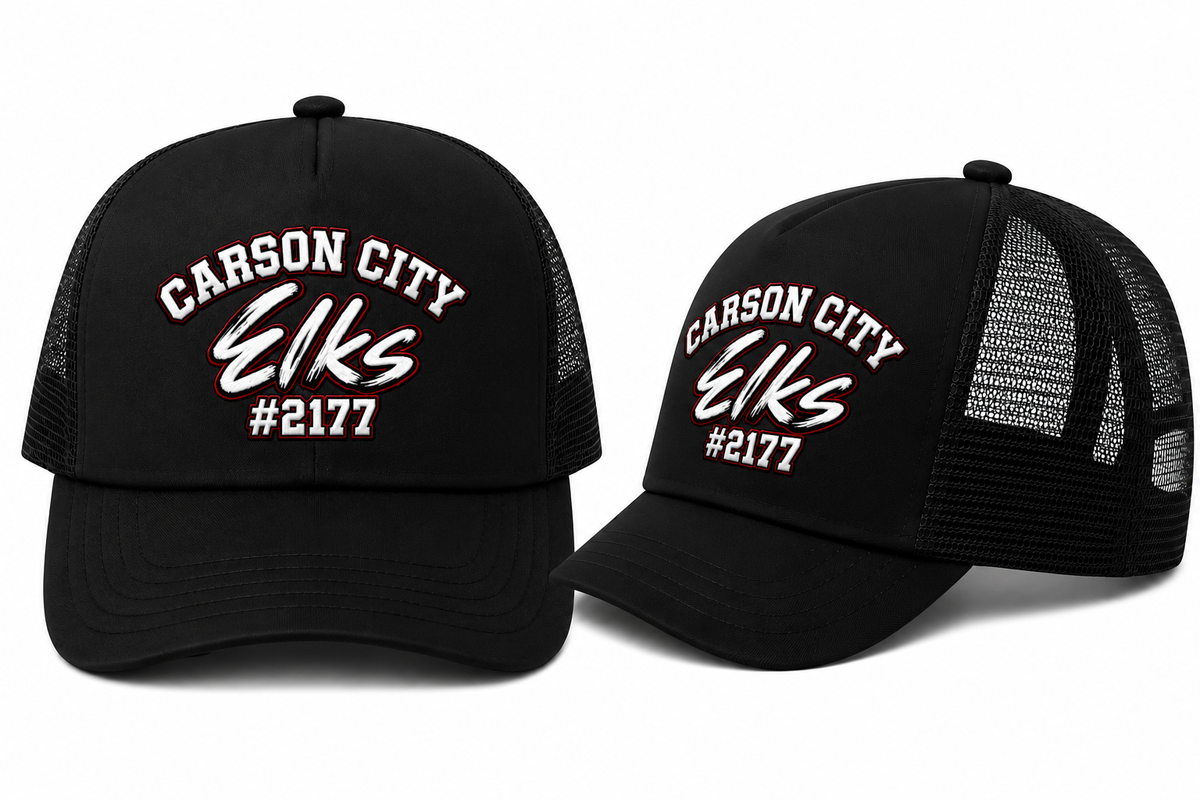 Carson City Elks #2177 Trucker Hat in Black - flat lay, front