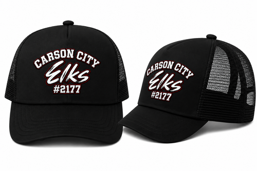 Carson City Elks #2177 Trucker Hat in Black - flat lay, front