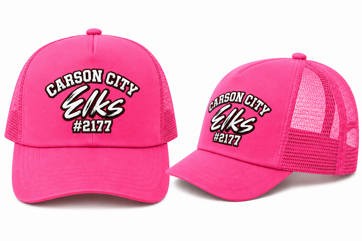 Carson City Elks #2177 Trucker Hat in Hot Pink - flat lay, front