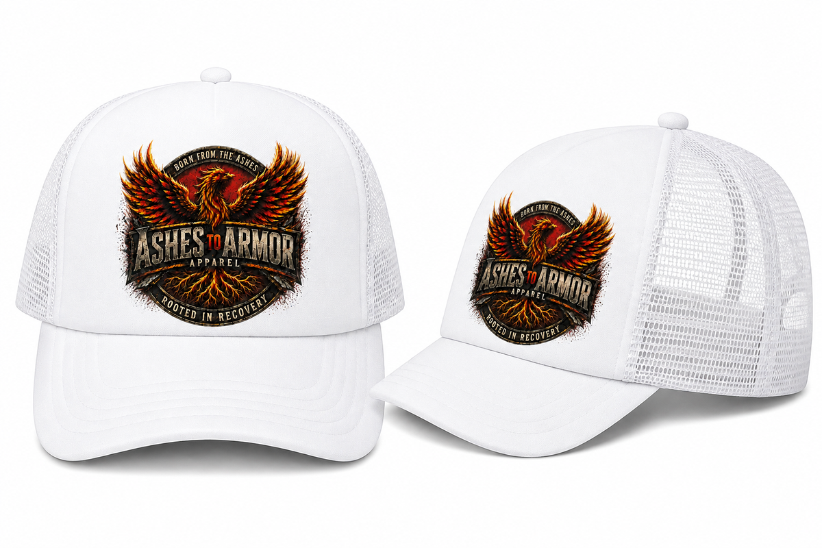 Ashes to Armor Hat in White - flat lay, front
