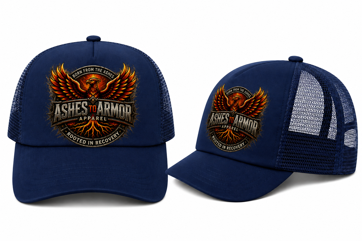Ashes to Armor Hat in Navy - flat lay, front