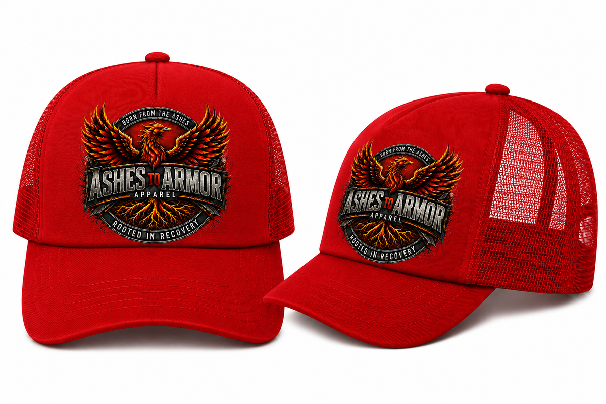 Ashes to Armor Hat in Red - flat lay, front