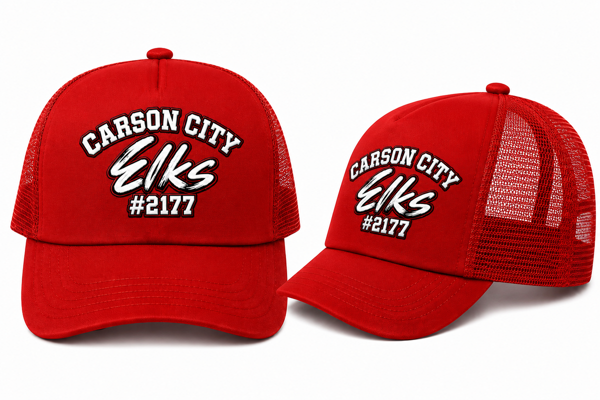 Carson City Elks #2177 Trucker Hat in Red - flat lay, front