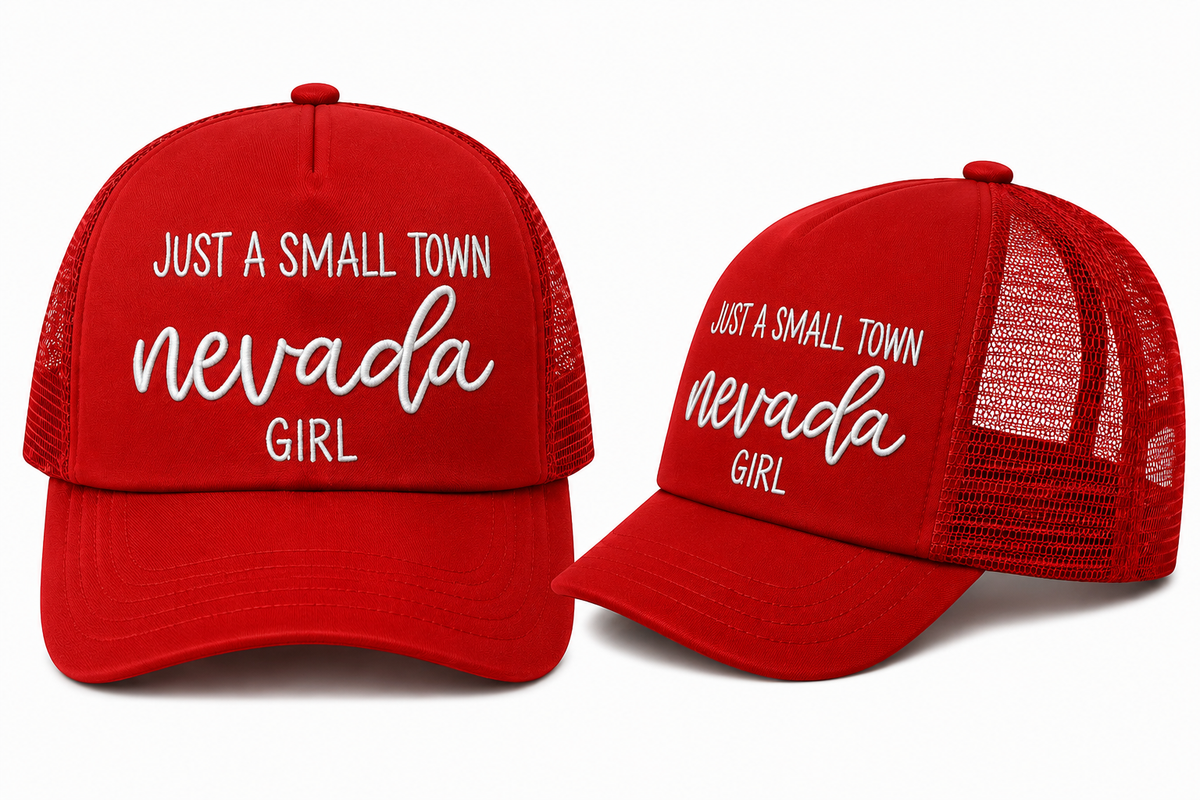 Just a Small Town Nevada Girl Trucker Hat in Red - flat lay, front
