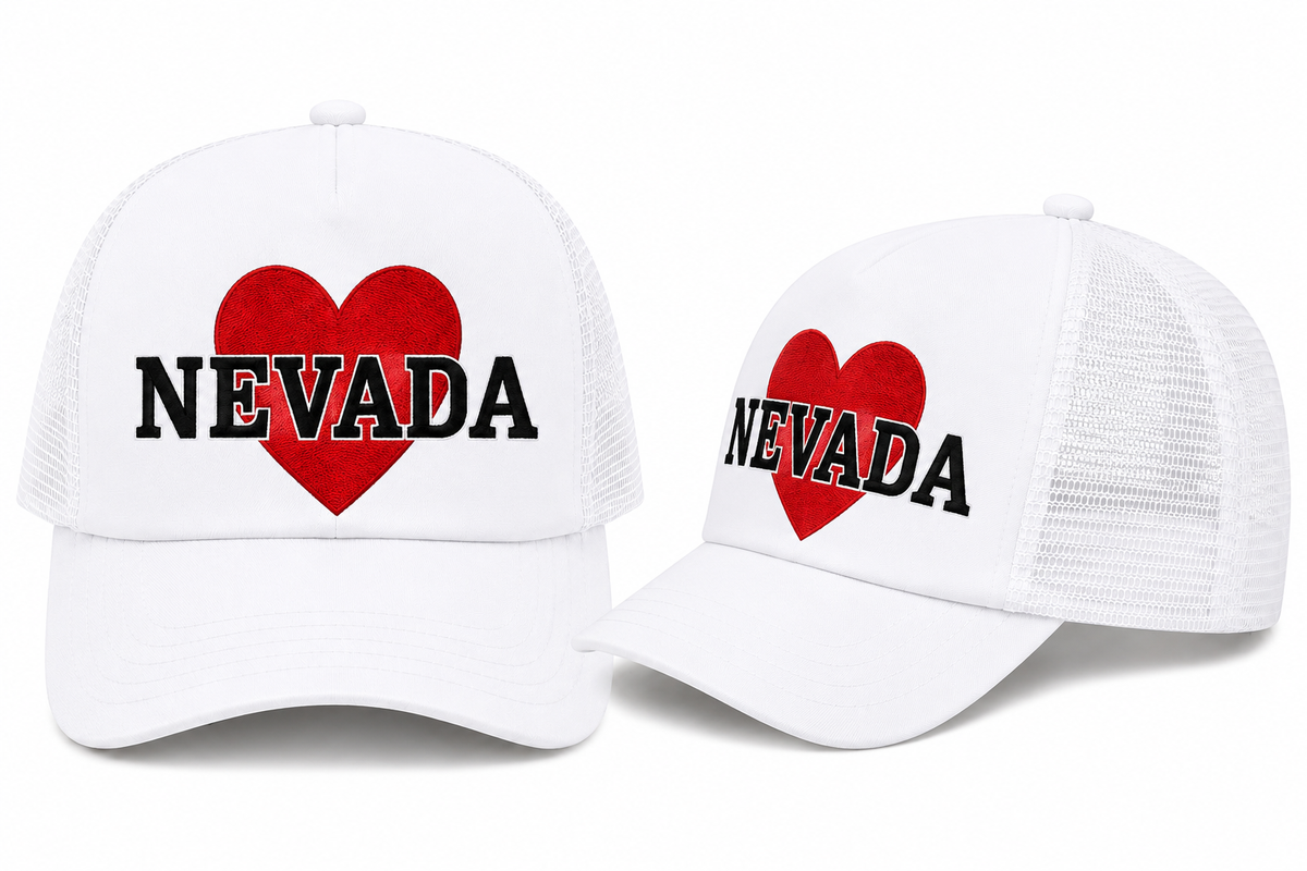 Nevada Heart Trucker Hat in White - flat lay, front
