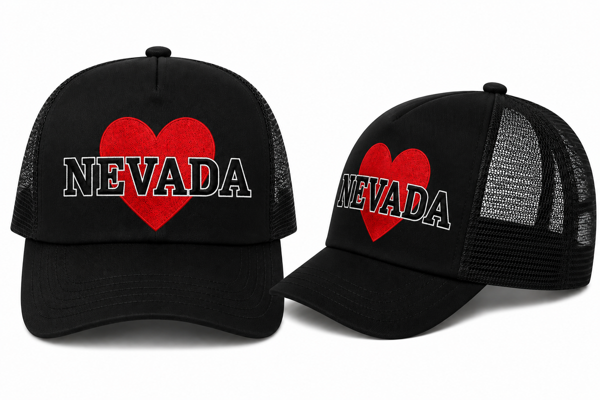 Nevada Heart Trucker Hat in Black - flat lay, front