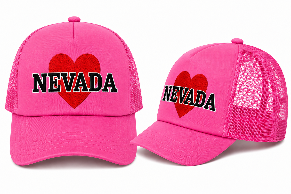 Nevada Heart Trucker Hat in Hot Pink - flat lay, front