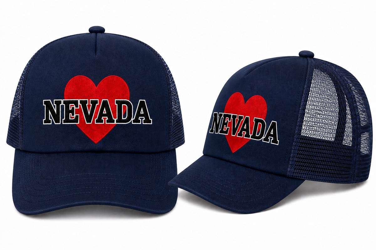 Nevada Heart Trucker Hat in Navy - flat lay, front