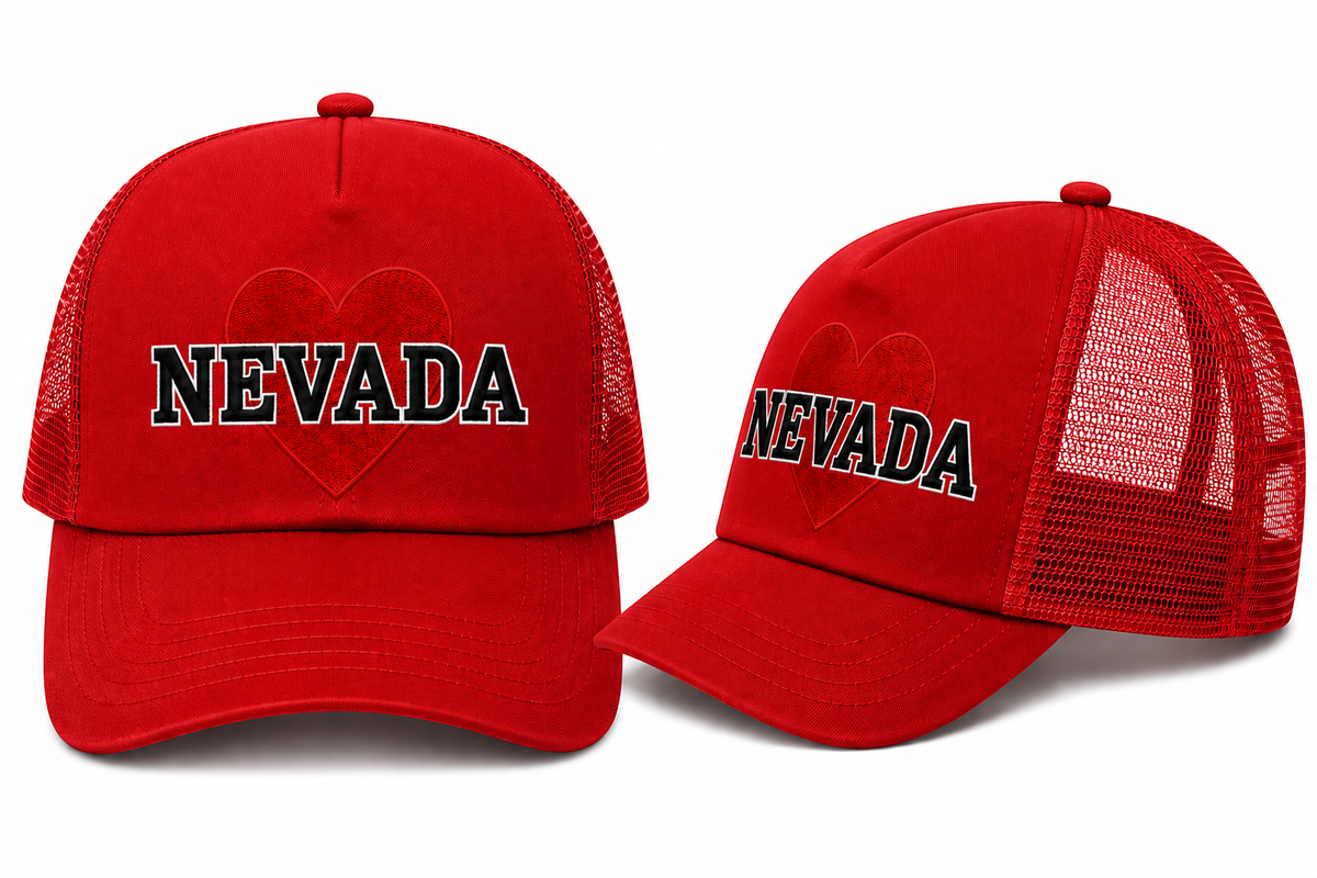Nevada Heart Trucker Hat in Red - flat lay, front
