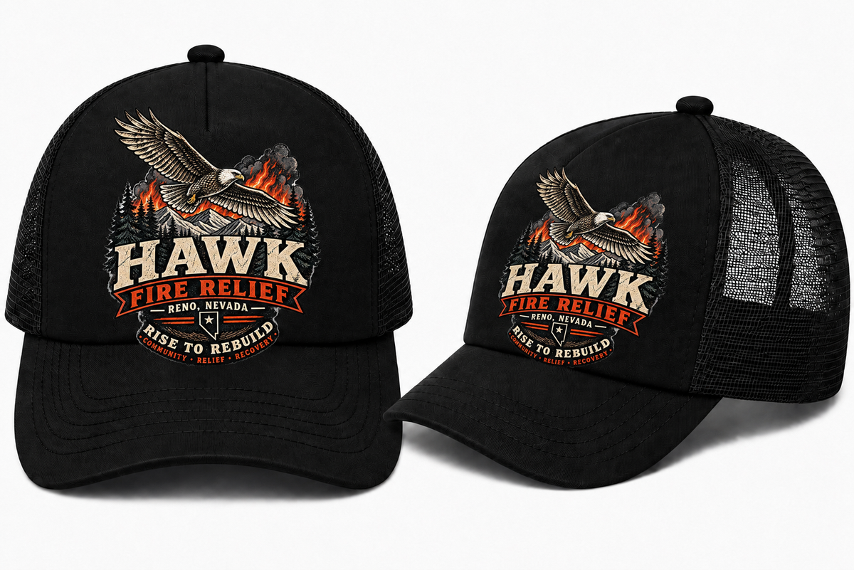 Hawk Fire Relief Trucker Hat in Black - flat lay, front