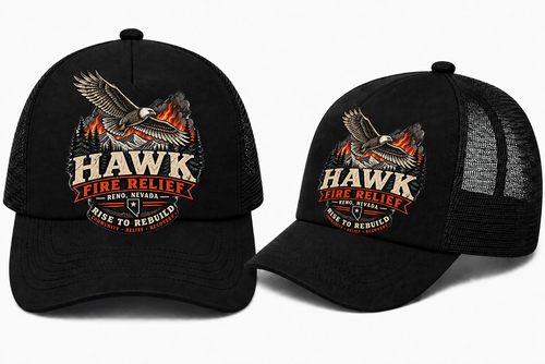 Hawk Fire Relief Trucker Hat in Black - flat lay, front