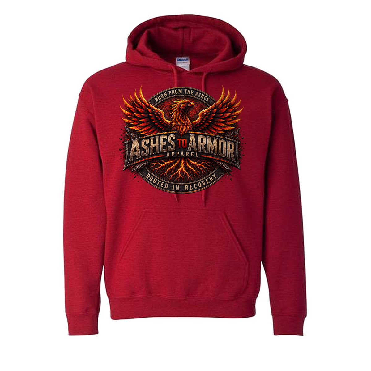 Ashes to Armor Apparel Hoodie in Antique Cherry Red - flat lay, front