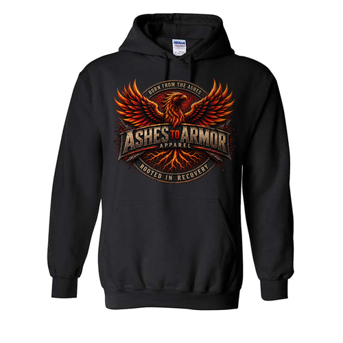 Ashes to Armor Apparel Hoodie in Black - flat lay, front