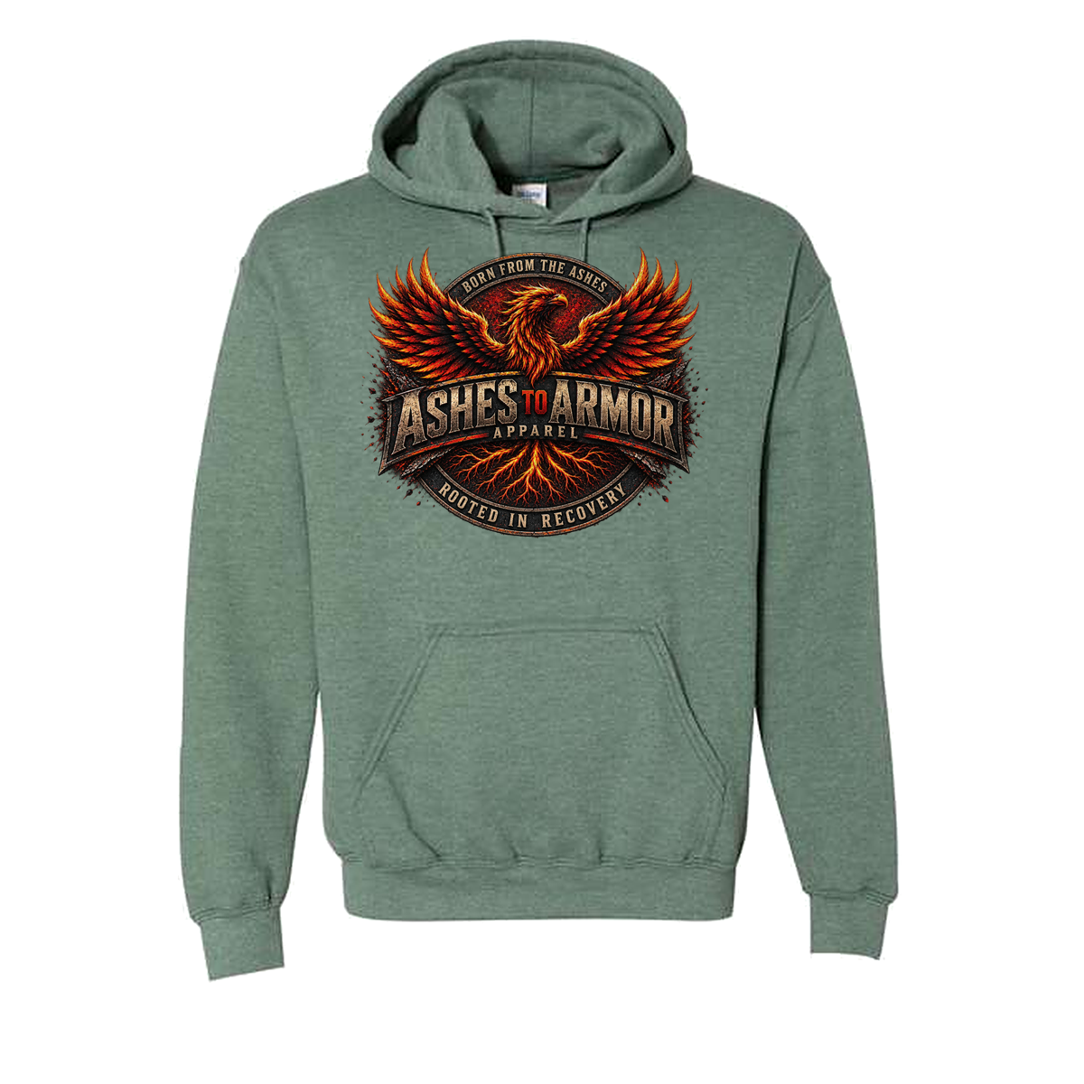 Ashes to Armor Apparel Hoodie in Hth Sp Dark Green - flat lay, front
