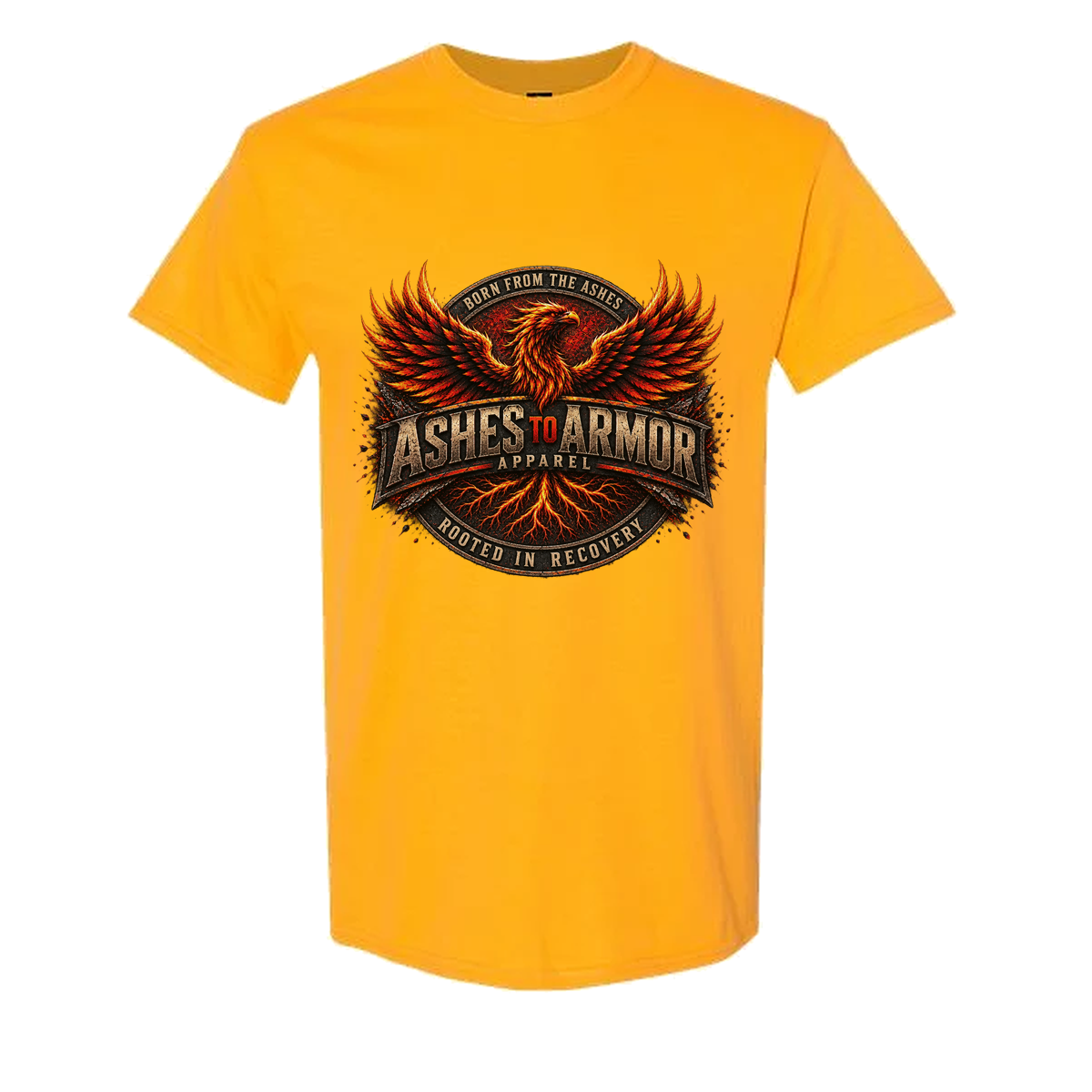 Ashes to Armor Apparel Tee in Gold - flat lay, front
