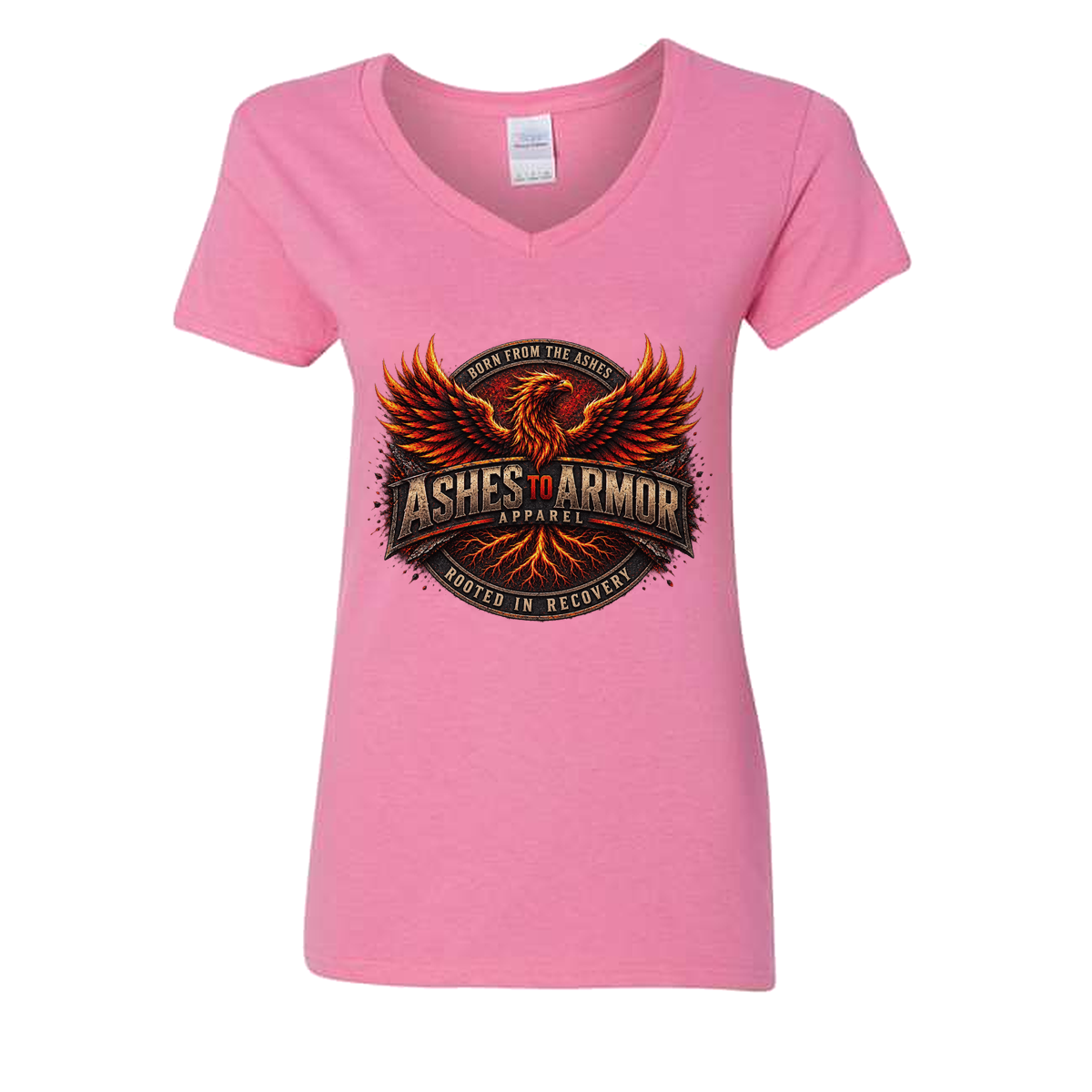 Ashes to Armor Apparel Ladies' V-Neck in Azalea - flat lay, front