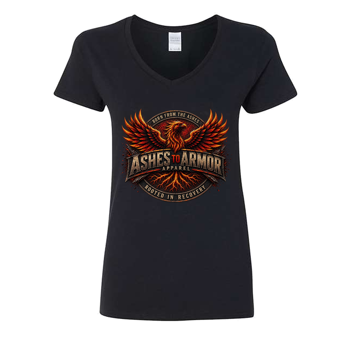 Ashes to Armor Apparel Ladies' V-Neck in Black - flat lay, front