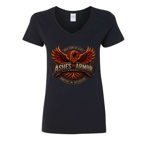 Ashes to Armor Apparel Ladies' V-Neck in Black - flat lay, front