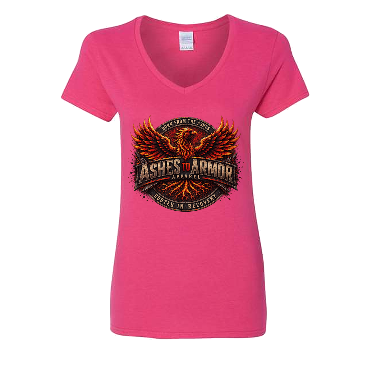 Ashes to Armor Apparel Ladies' V-Neck in Heliconia - flat lay, front