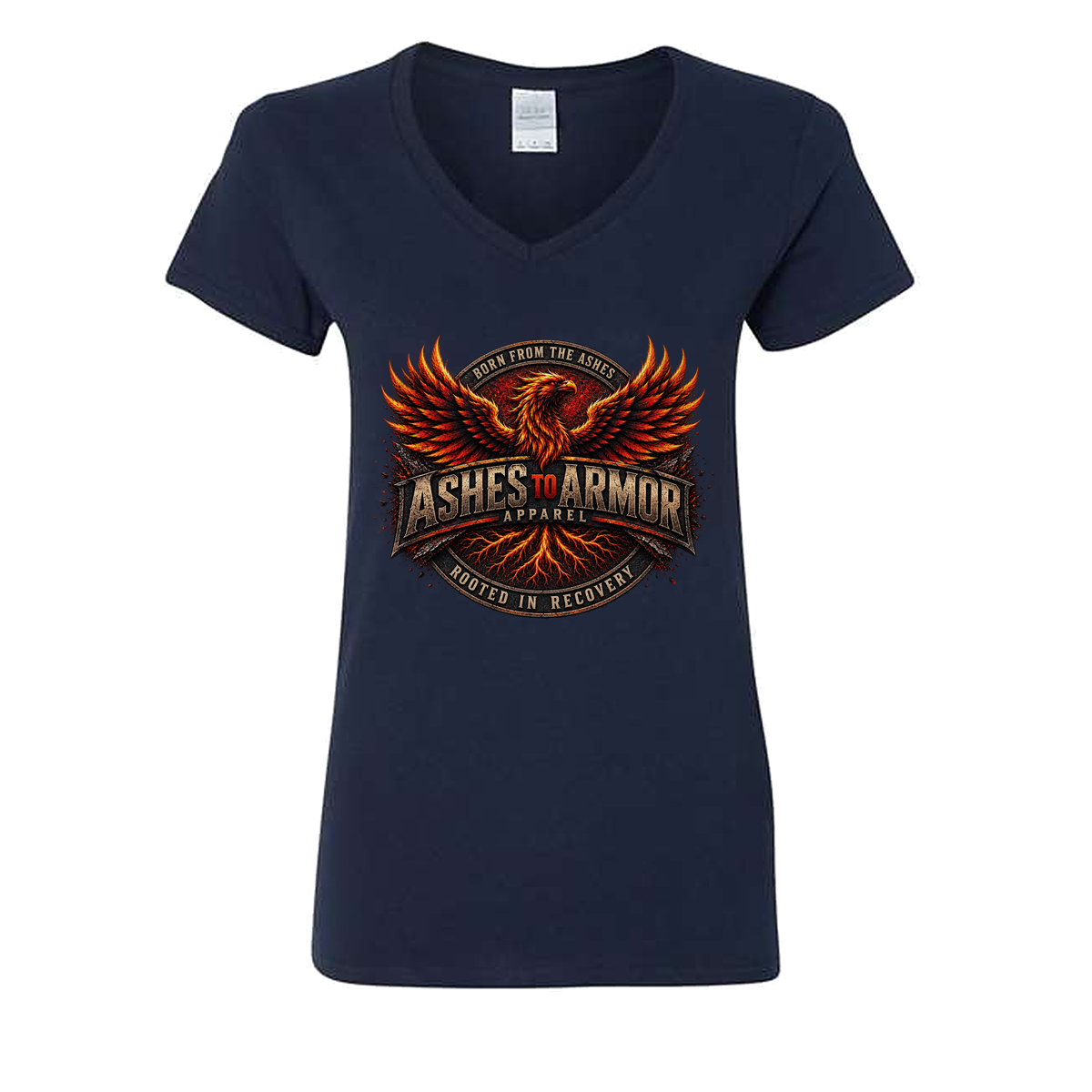 Ashes to Armor Apparel Ladies' V-Neck in Navy - flat lay, front
