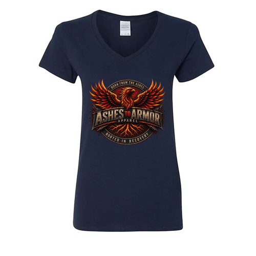 Ashes to Armor Apparel Ladies' V-Neck in Navy - flat lay, front