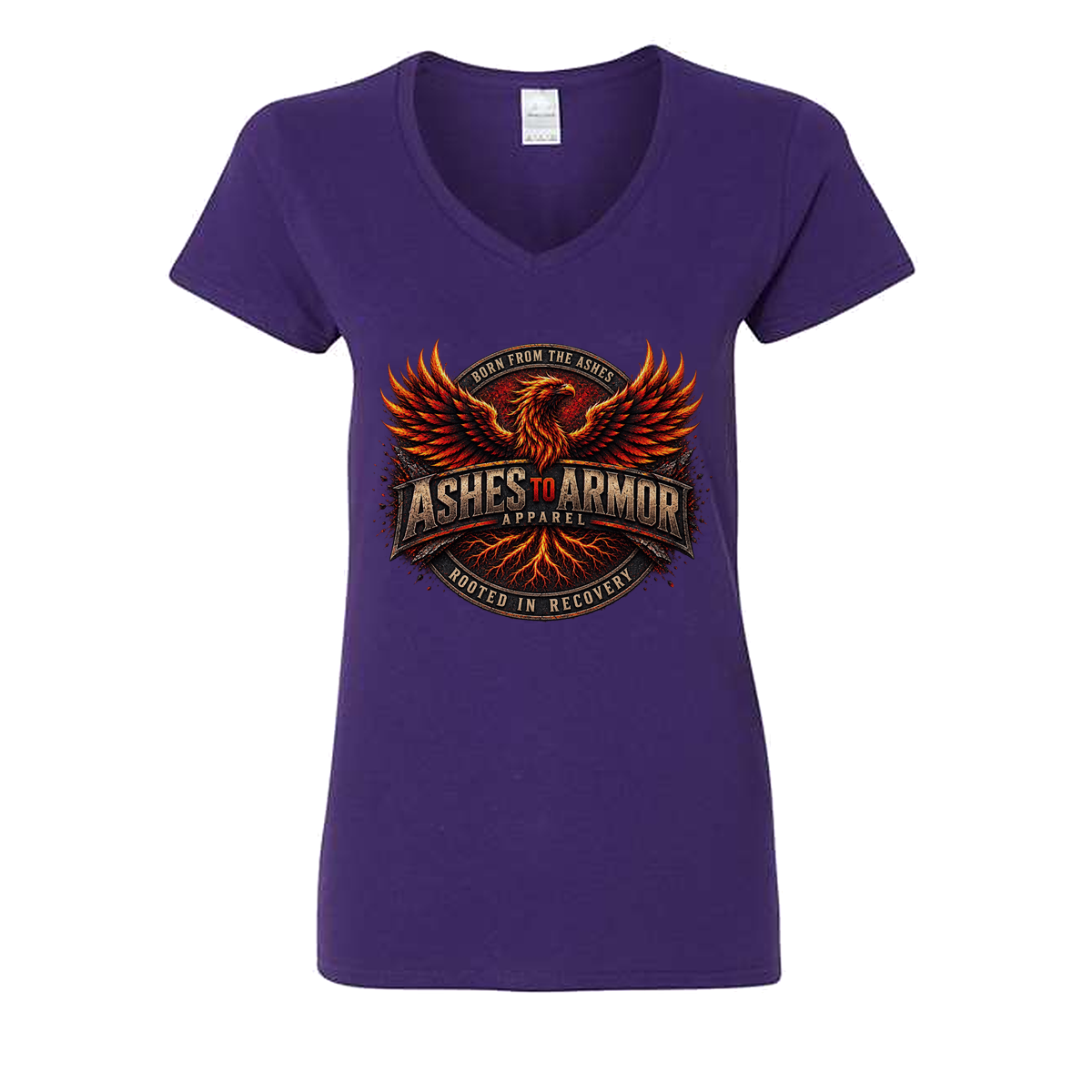 Ashes to Armor Apparel Ladies' V-Neck in Purple - flat lay, front