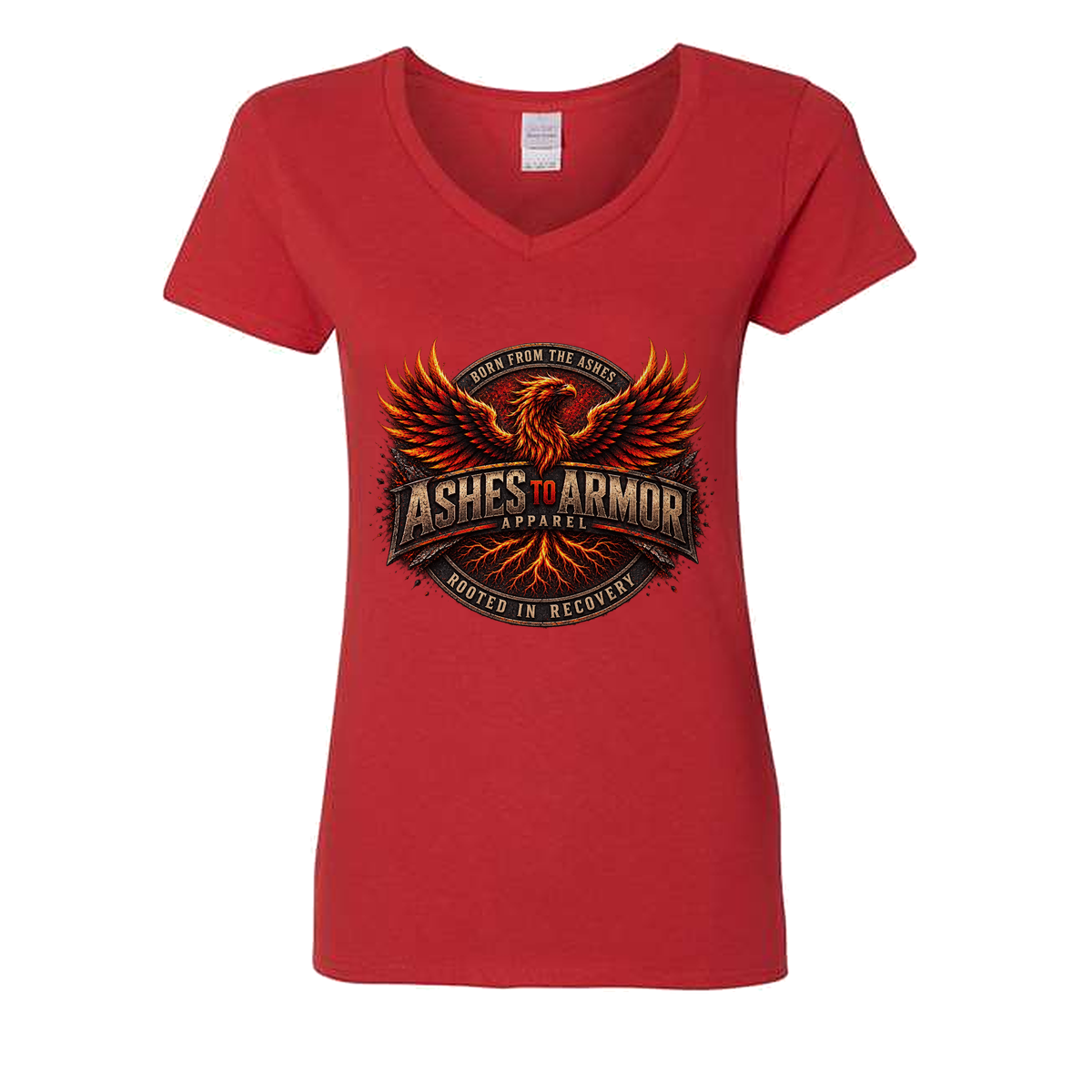Ashes to Armor Apparel Ladies' V-Neck in Red - flat lay, front