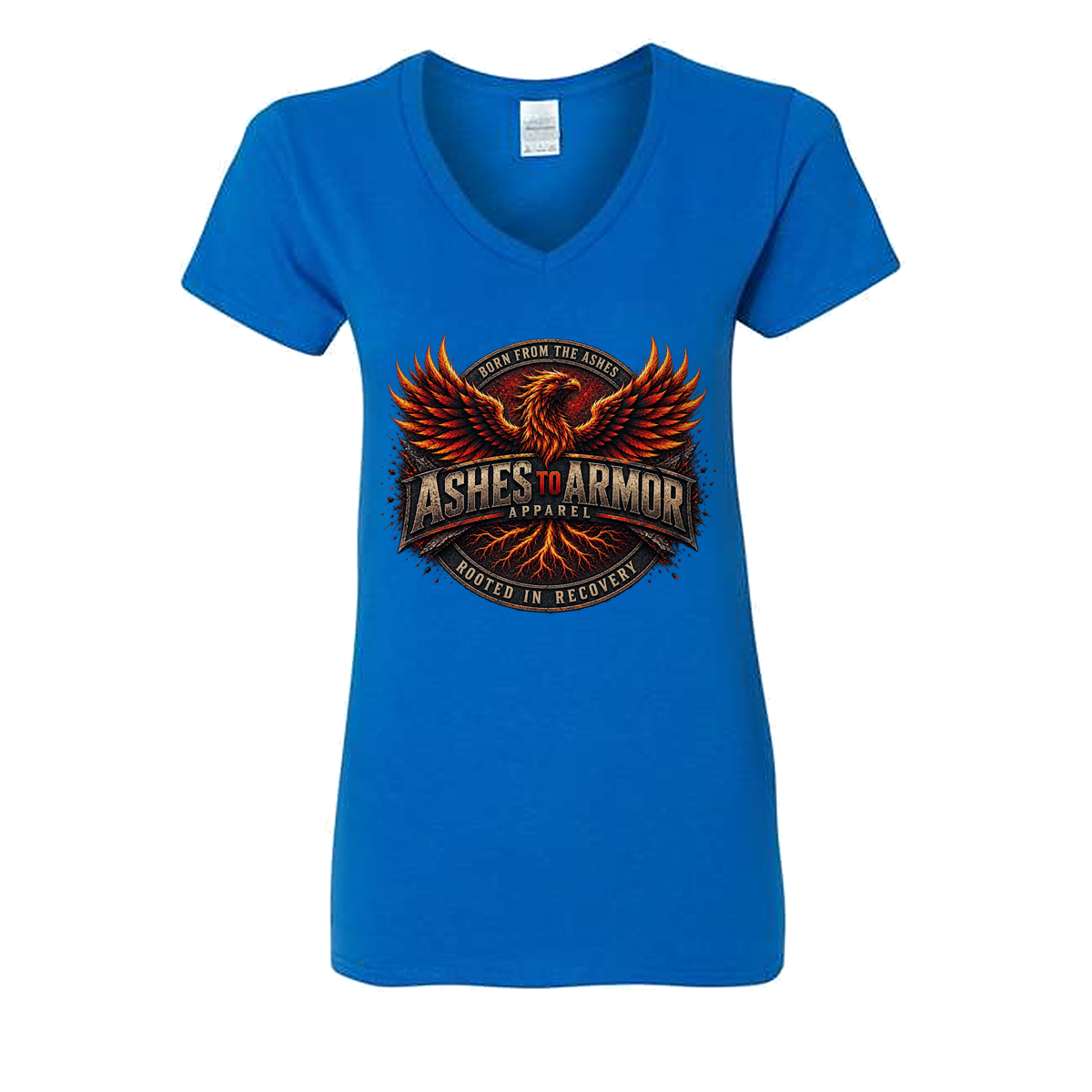Ashes to Armor Apparel Ladies' V-Neck in Royal - flat lay, front