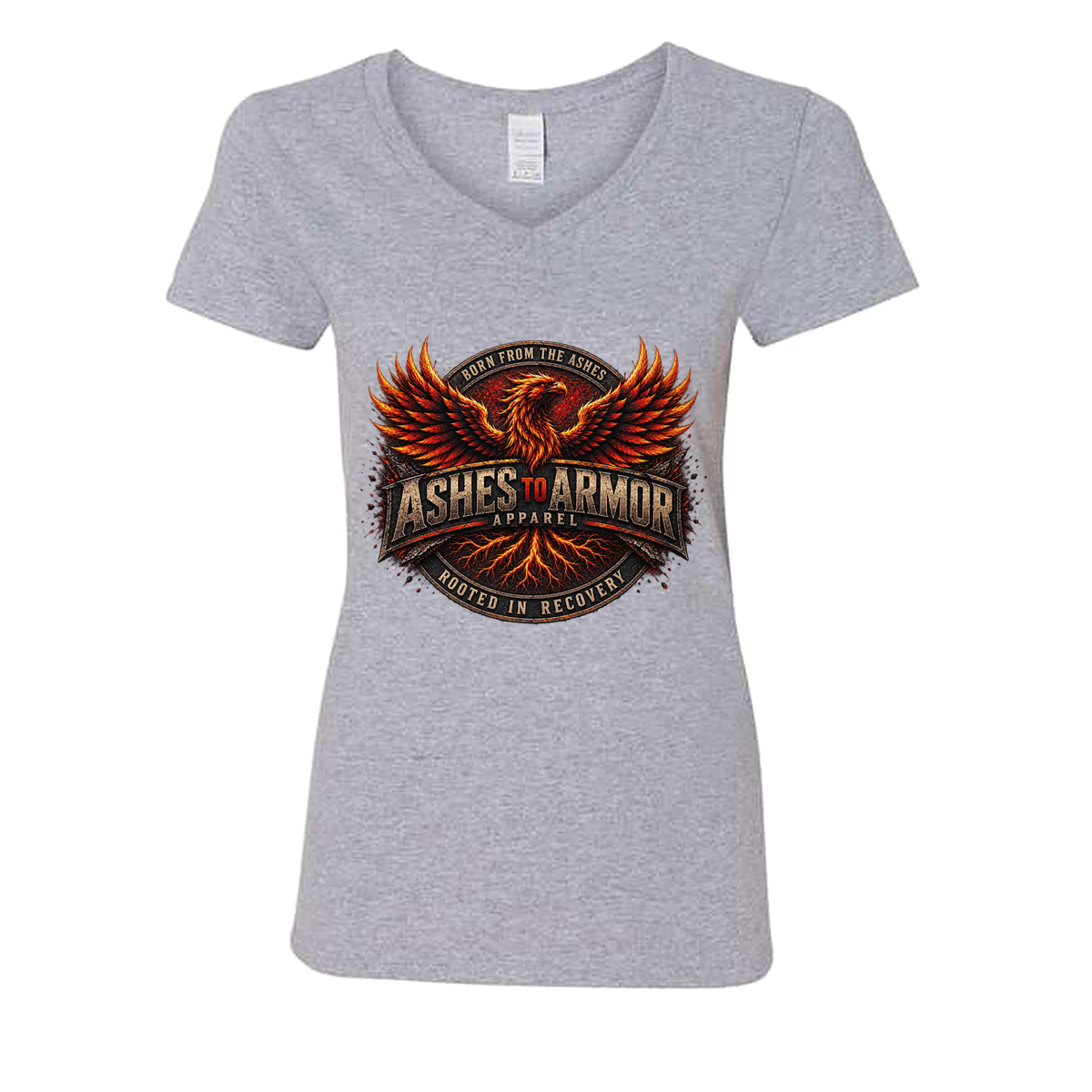 Ashes to Armor Apparel Ladies' V-Neck in Sport Grey - flat lay, front