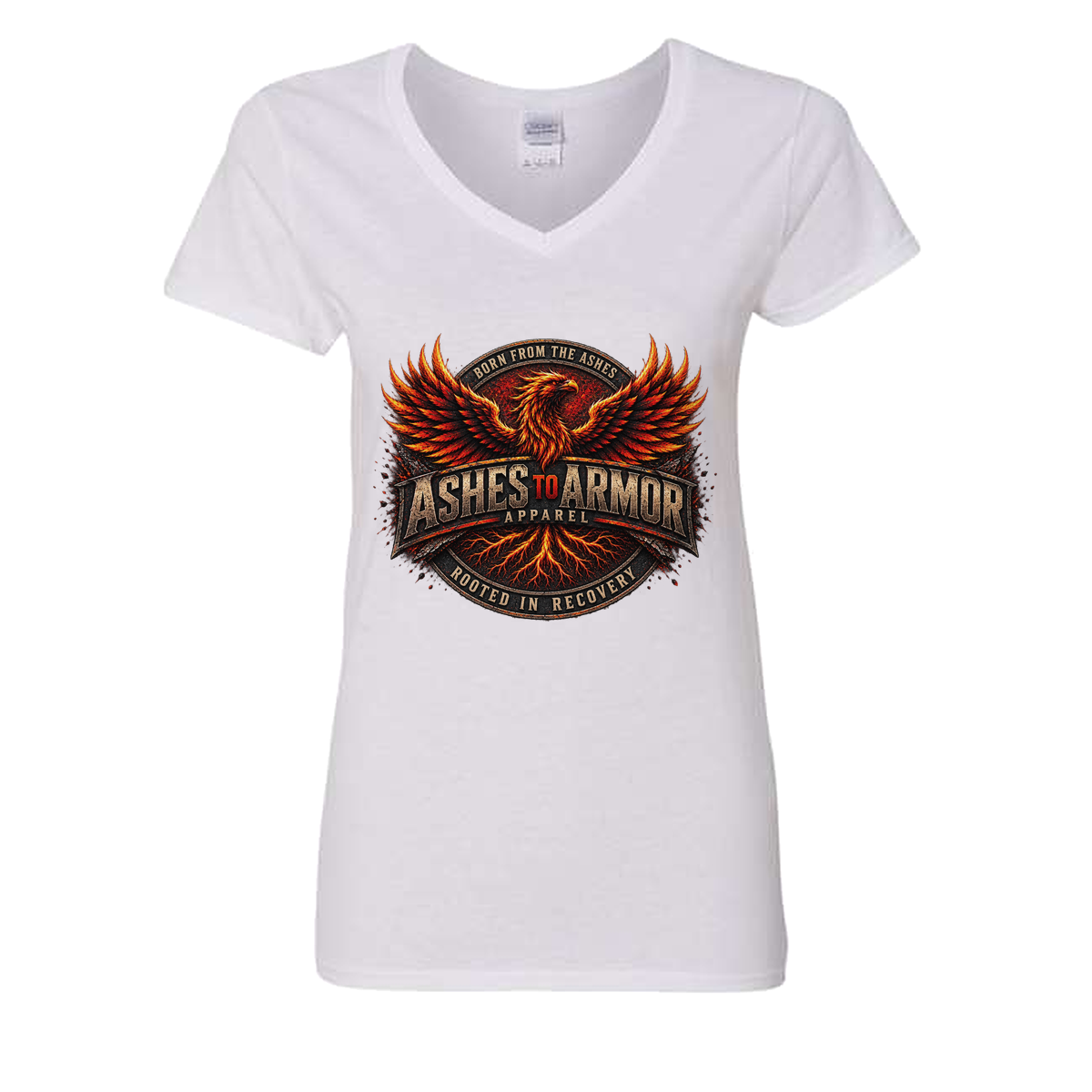 Ashes to Armor Apparel Ladies' V-Neck in White - flat lay, front