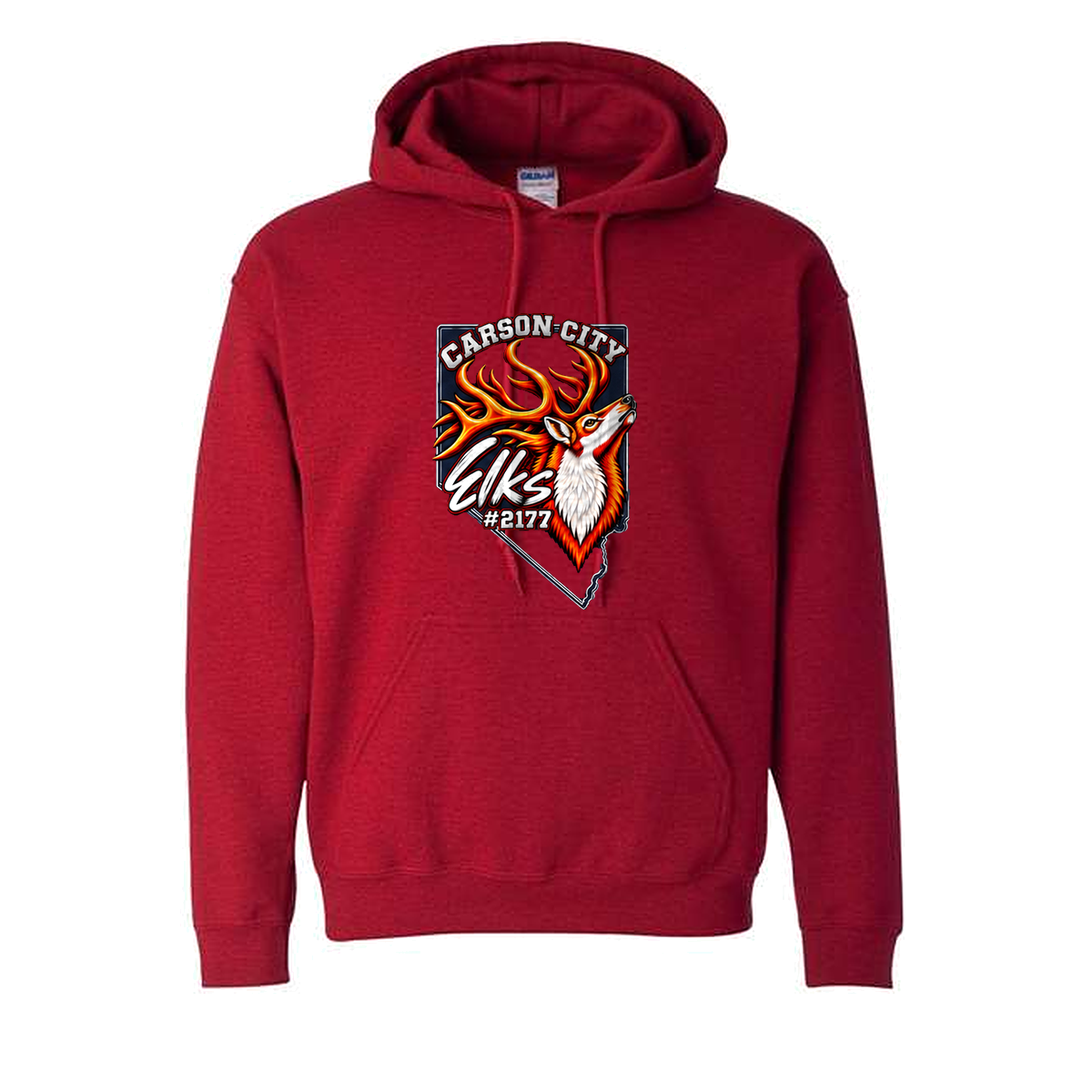Carson City Elks #2177 Hoodie in Antique Cherry Red - flat lay, front