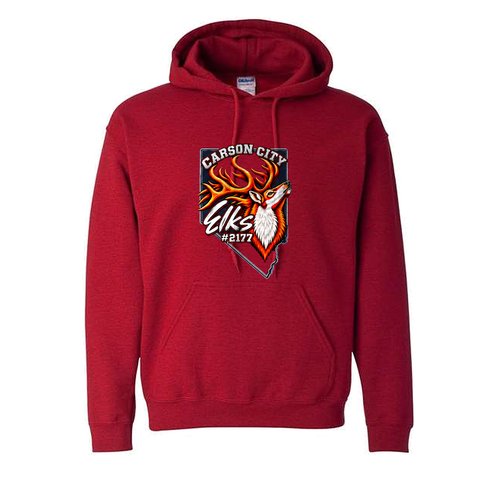 Carson City Elks #2177 Hoodie in Antique Cherry Red - flat lay, front