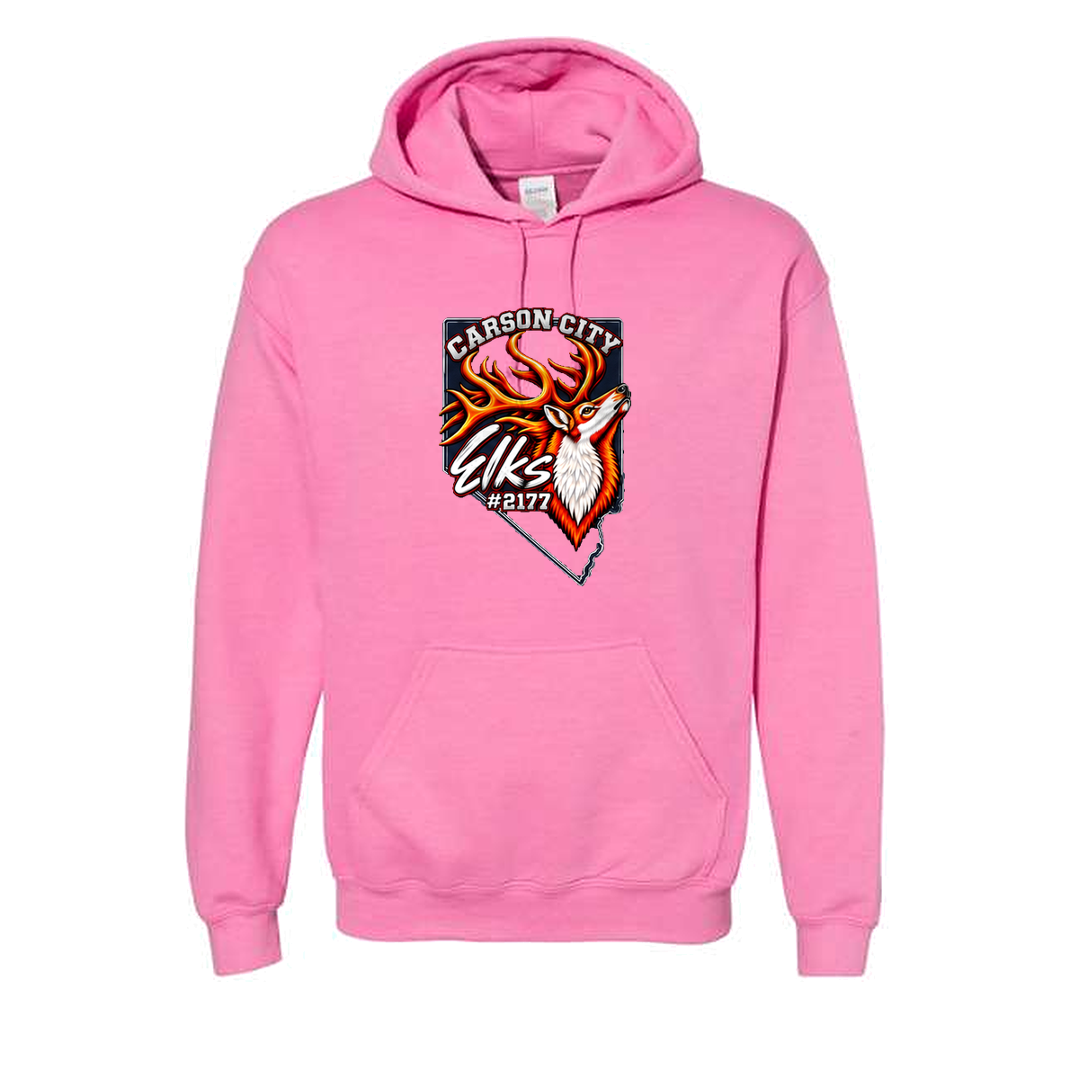 Carson City Elks #2177 Hoodie in Azalea - flat lay, front