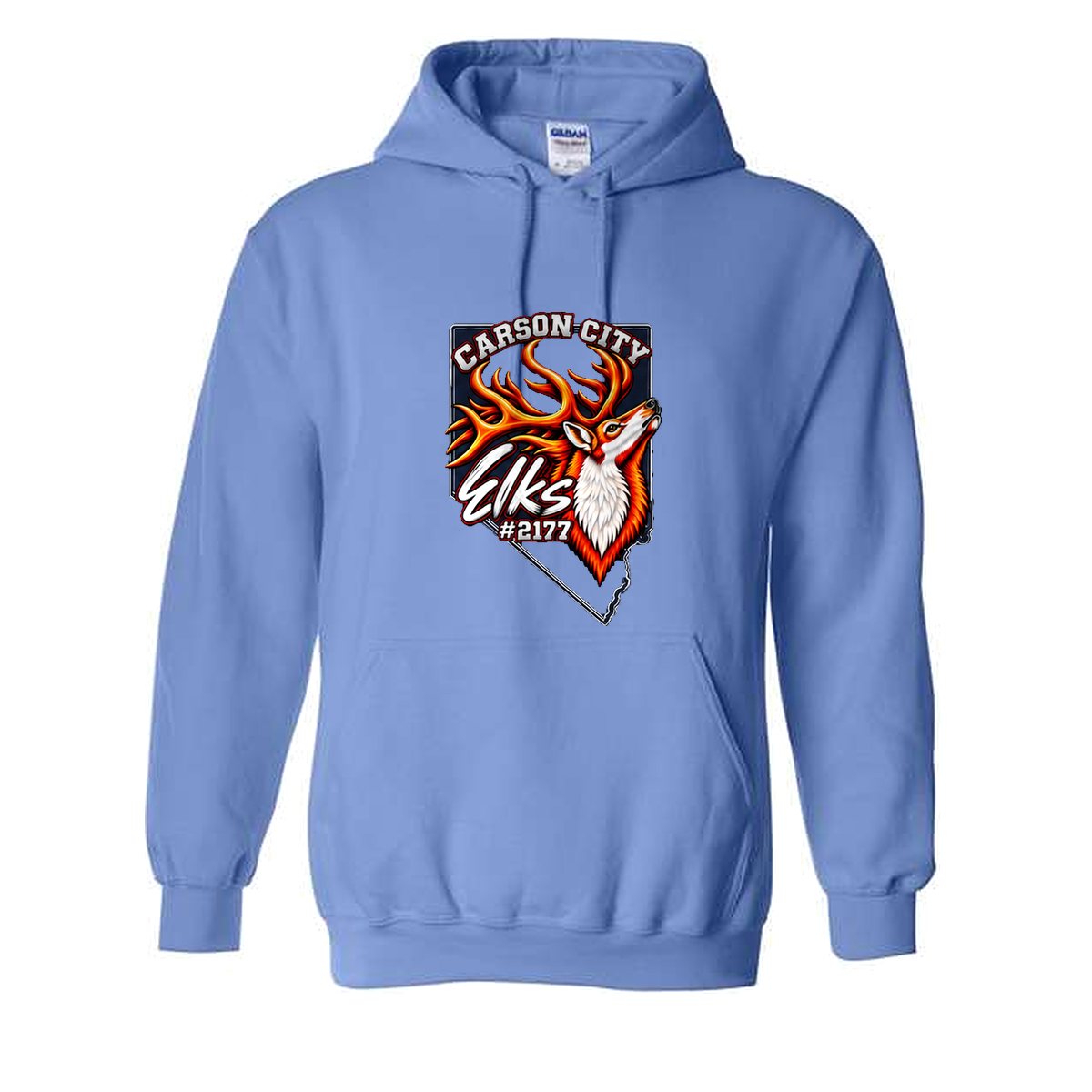 Carson City Elks #2177 Hoodie in Carolina Blue - flat lay, front