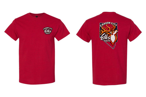 Elks Lodge #2177 T-Shirt in Antique Cherry Red - front and back flat lay