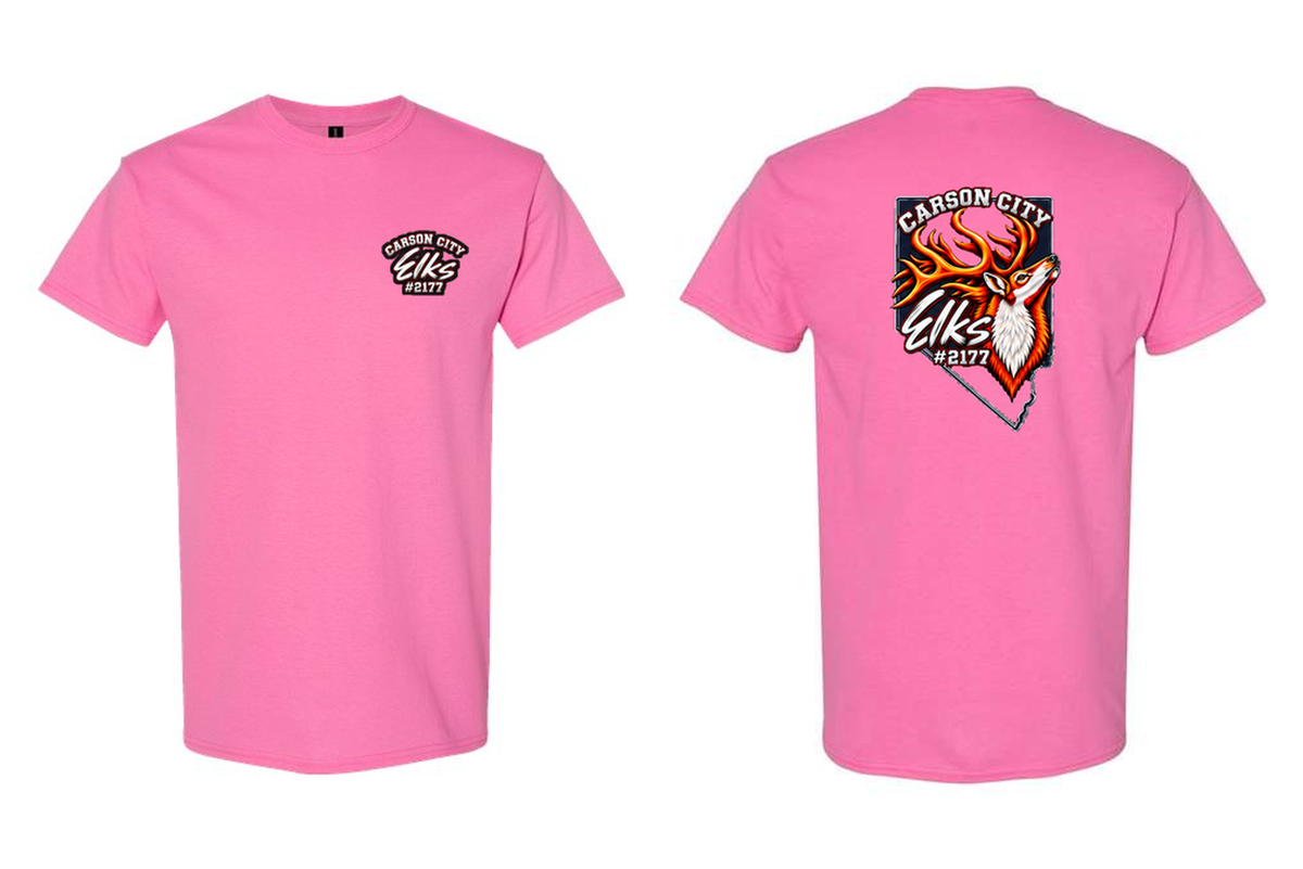 Elks Lodge #2177 T-Shirt in Azalea - front and back flat lay
