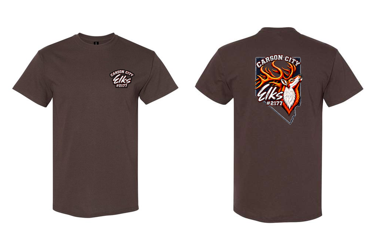 Elks Lodge #2177 T-Shirt in Dark Chocolate - front and back flat lay