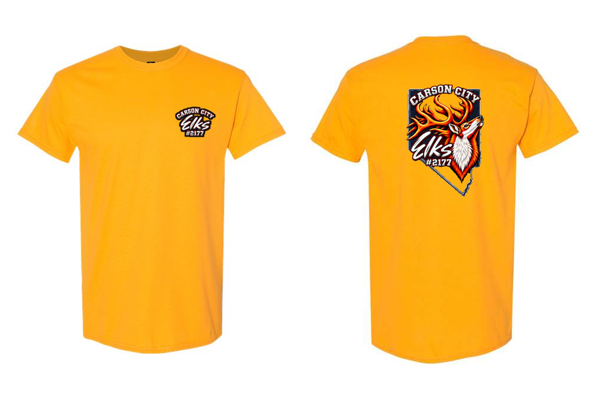 Elks Lodge #2177 T-Shirt in Gold - front and back flat lay