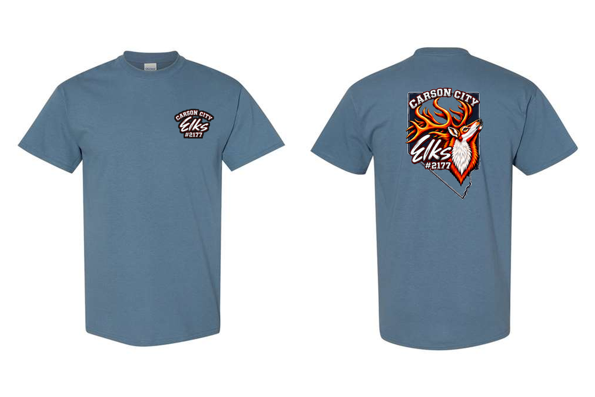 Elks Lodge #2177 T-Shirt in Indigo Blue - front and back flat lay