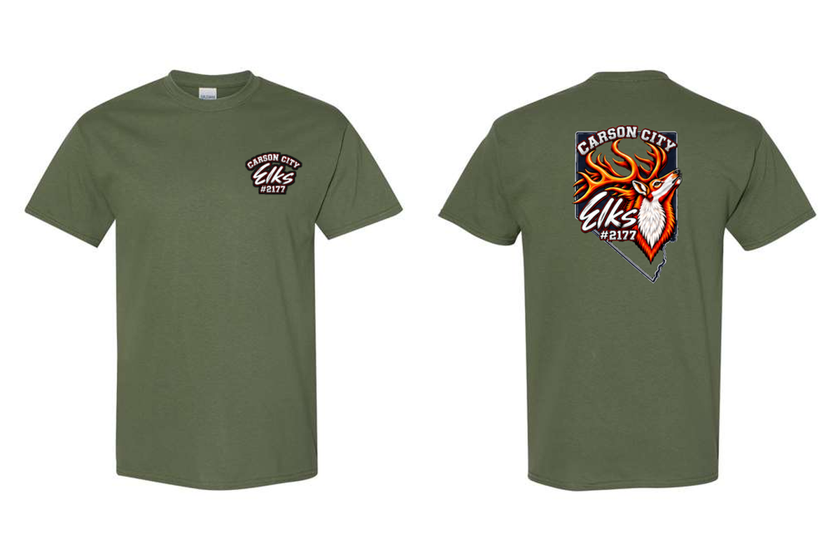 Elks Lodge #2177 T-Shirt in Military Green - front and back flat lay
