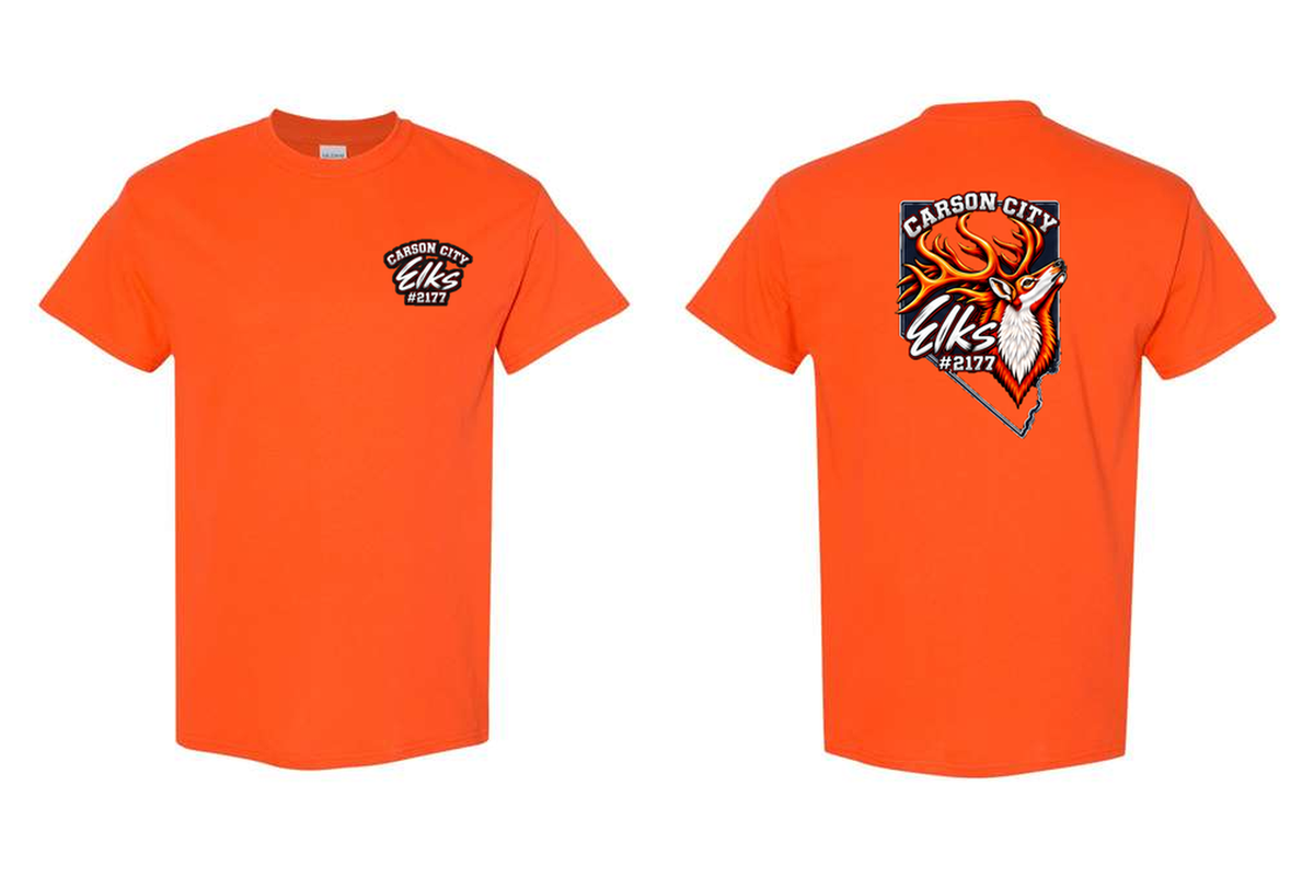 Elks Lodge #2177 T-Shirt in Orange - front and back flat lay