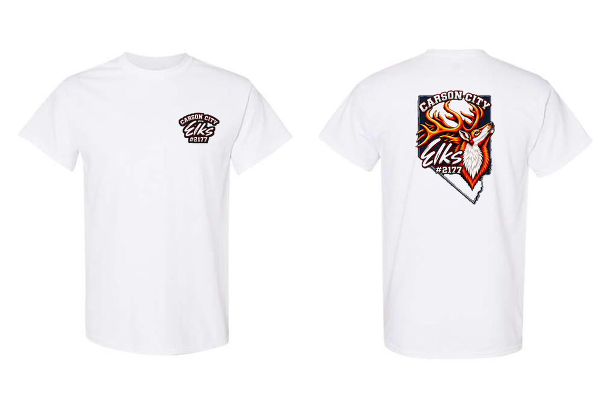 Elks Lodge #2177 T-Shirt in White - front and back flat lay
