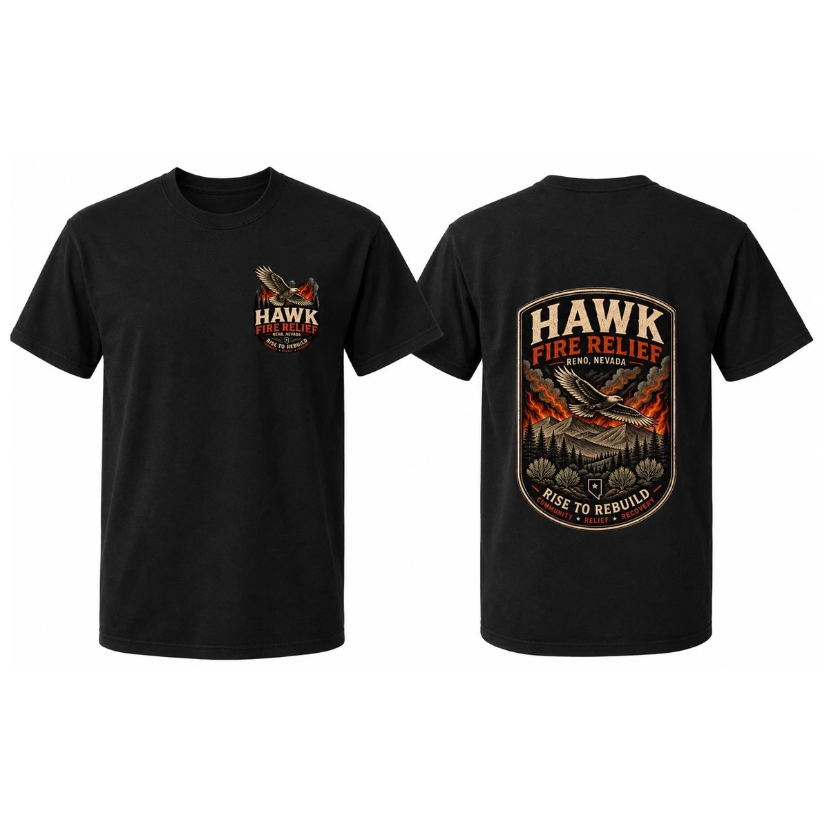 Hawk Fire Relief Tee in Black - front and back flat lay