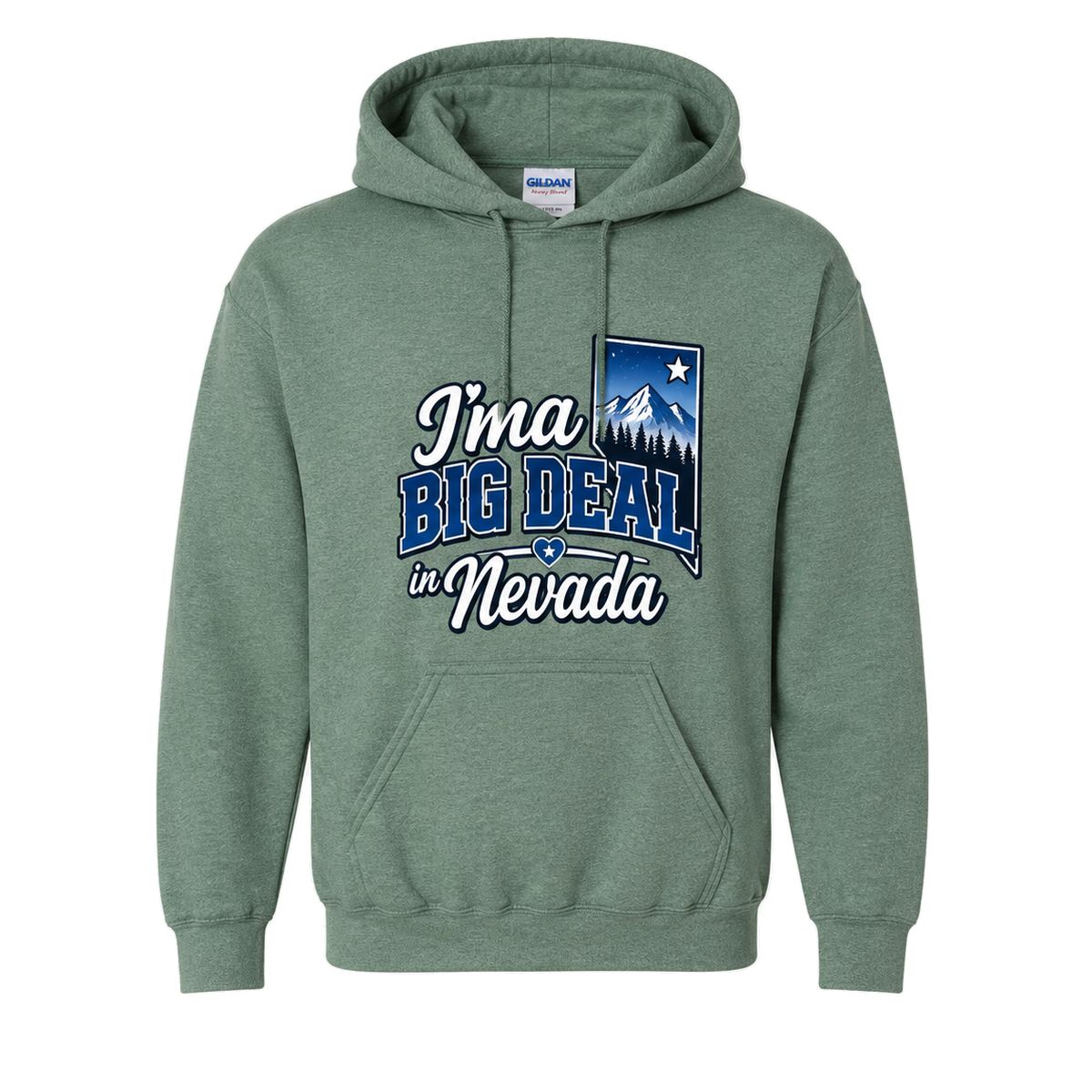I’m a Big Deal in Nevada Hoodie in Hth Sp Dark Green - flat lay, front