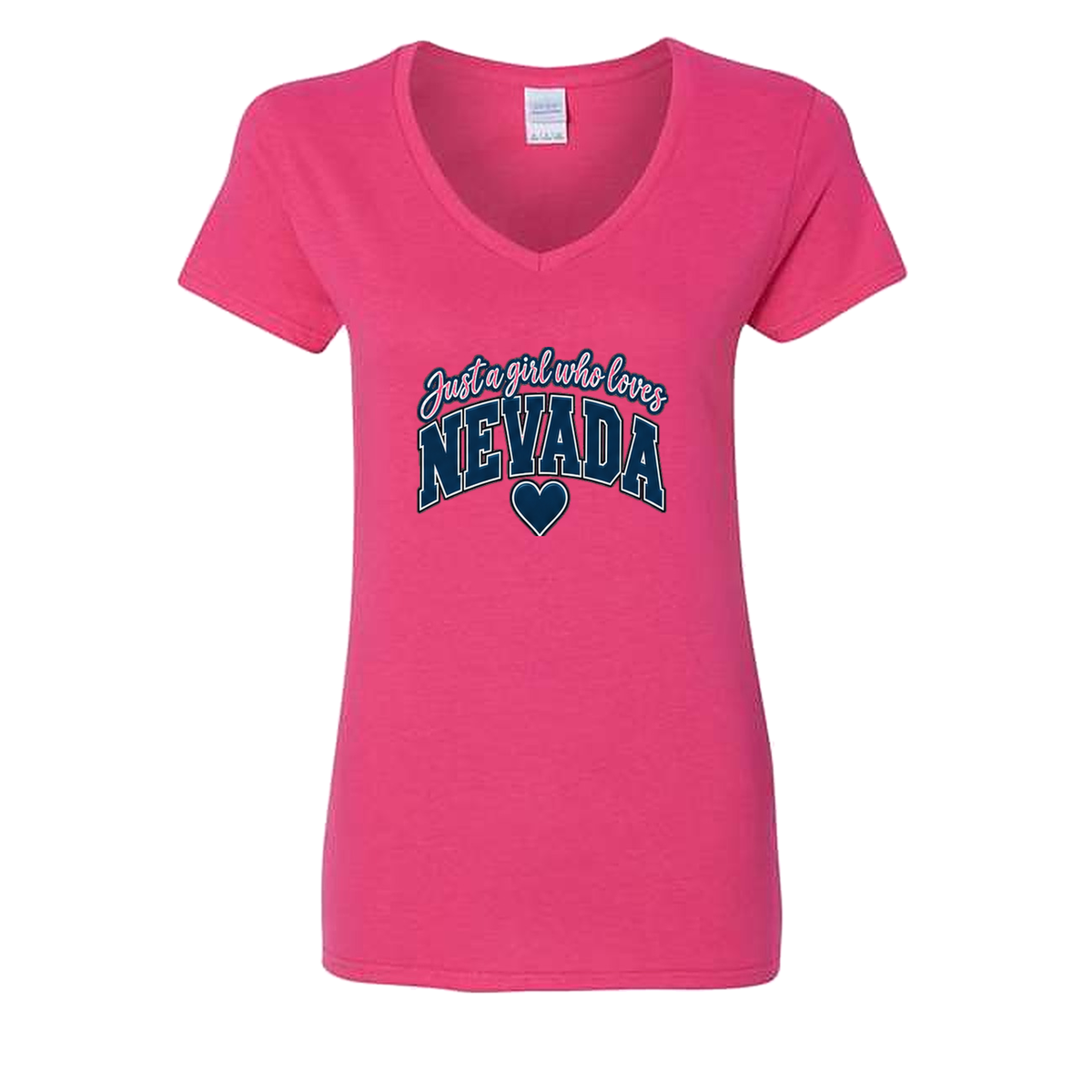 Just a Girl Who Loves Nevada V-Neck in Heliconia - flat lay, front