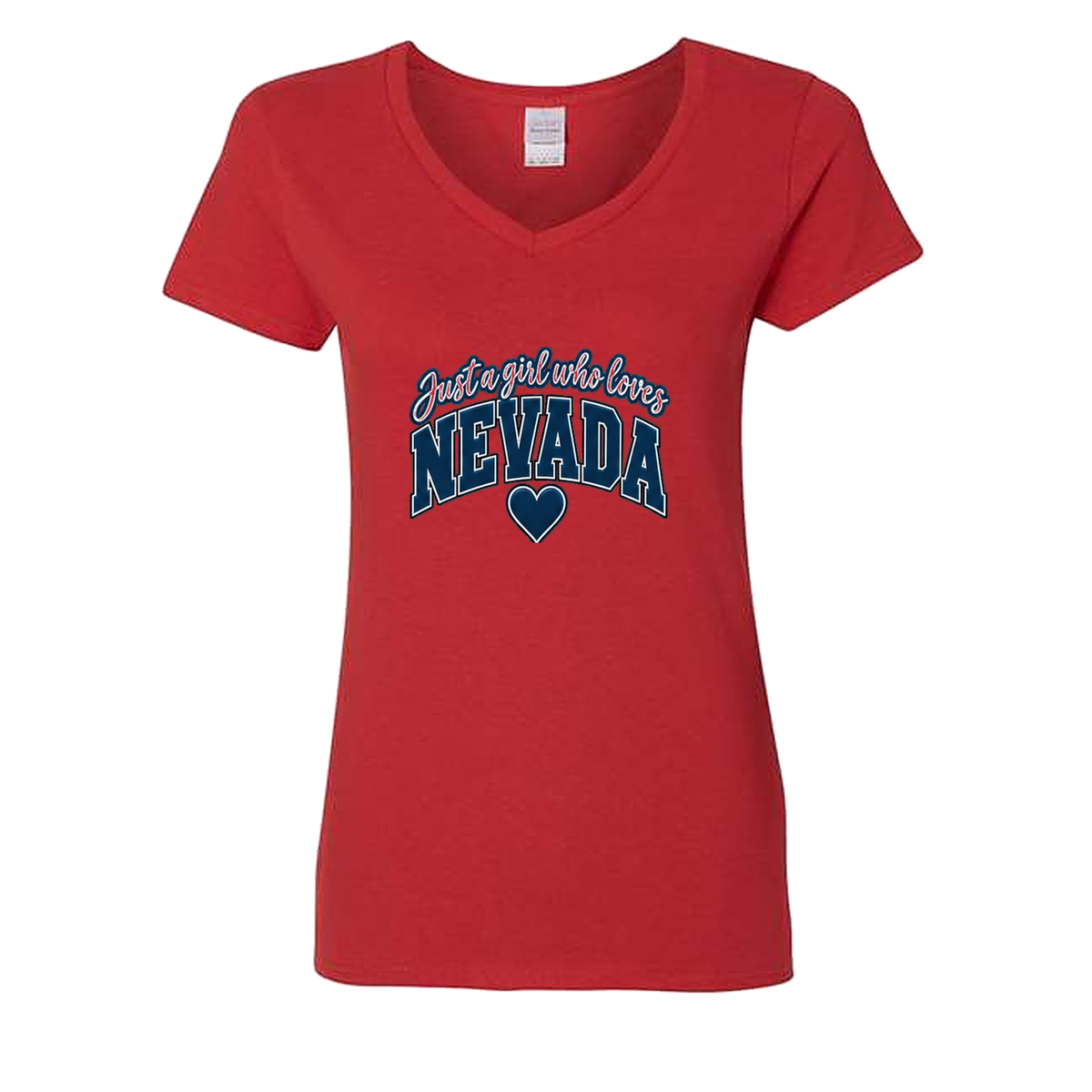 Just a Girl Who Loves Nevada V-Neck in Red - flat lay, front
