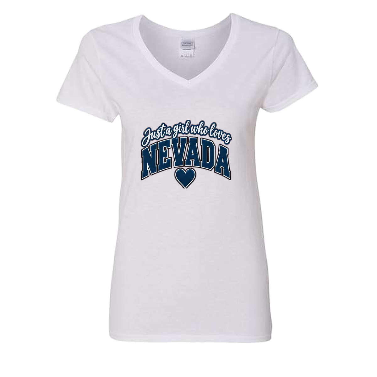 Just a Girl Who Loves Nevada V-Neck in White - flat lay, front