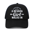 Nevada Girl Trucker Hat in Black - flat lay, front