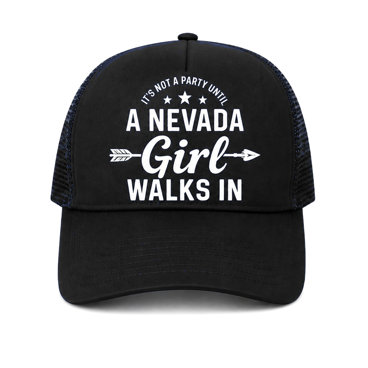 Nevada Girl Trucker Hat in Black - flat lay, front