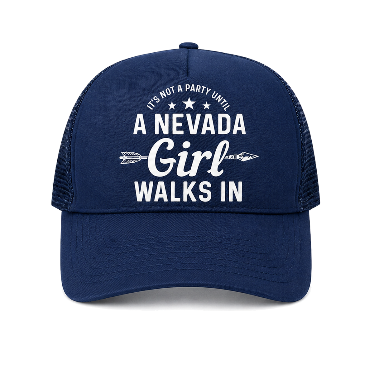 Nevada Girl Trucker Hat in Blue - flat lay, front